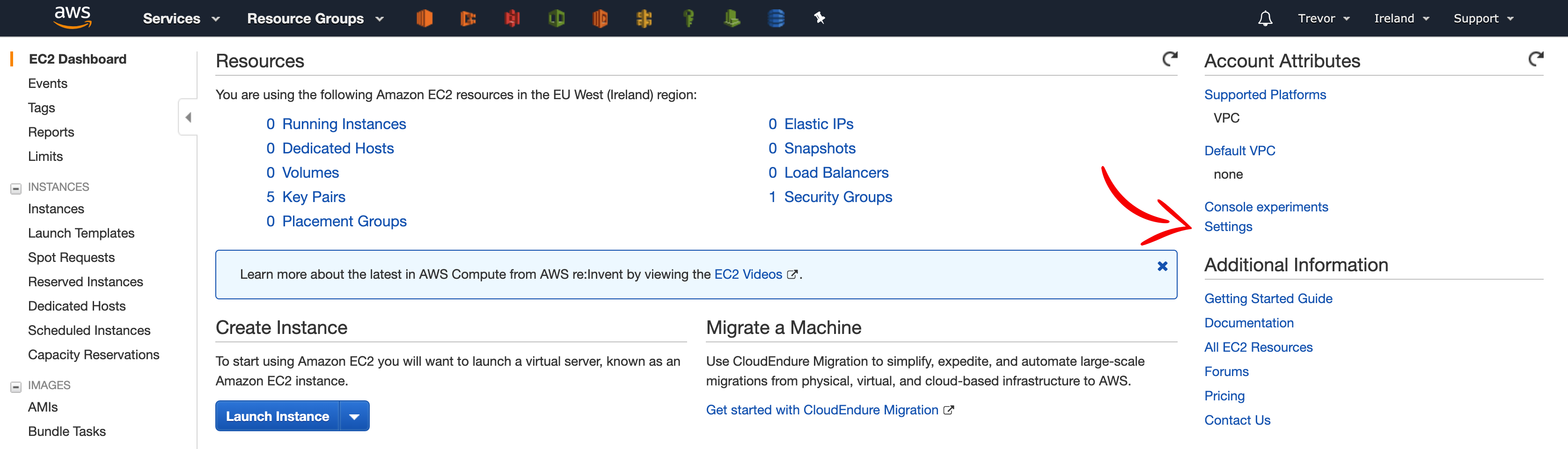 AWS EC2 Dashboard Settings